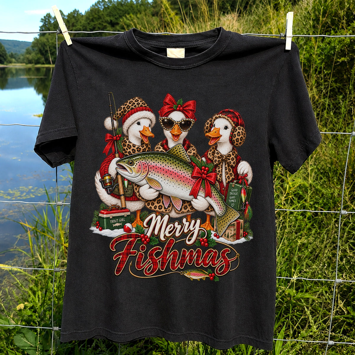 Merry Fishmas Christmas Ducks with Rainbow Trout Fishing T-Shirt