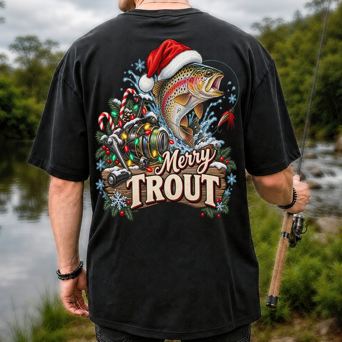 Merry Trout Christmas Rainbow Trout and Fishing Reel T-Shirt | Back Print