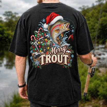 Merry Trout Christmas Rainbow Trout and Fishing Reel T-Shirt | Back Print