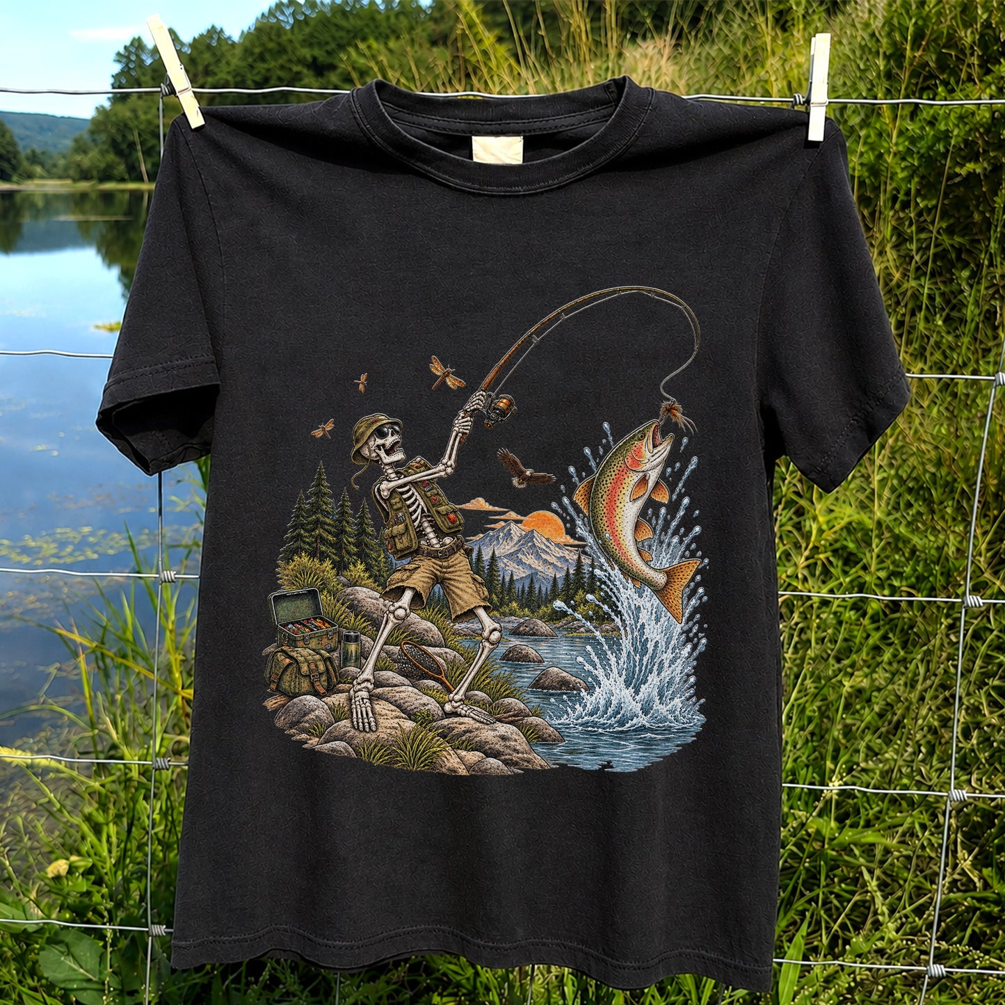 Skeleton Angler Catching Trout at a Mountain Lake Fishing T-Shirt