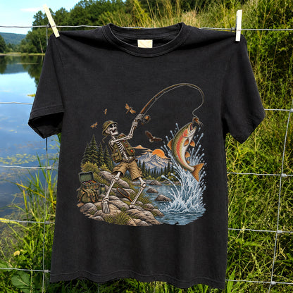 Skeleton Angler Catching Trout at a Mountain Lake Fishing T-Shirt