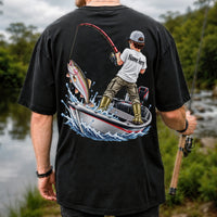 Personalized Boy Fishing Boat and Rainbow Trout Graphic T-Shirt | Back Print