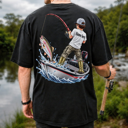 Personalized Boy Fishing Boat and Rainbow Trout Graphic T-Shirt | Back Print