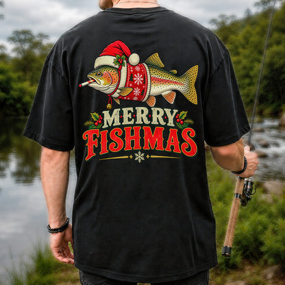 Christmas Trout Santa Fishing Graphic T-Shirt | Back Print