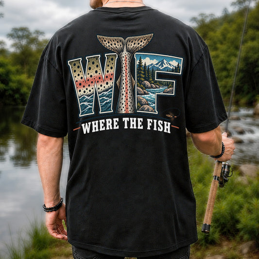WTF Where The Fish Rainbow Trout Fishing T-Shirt | Back Print