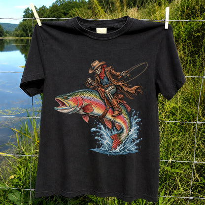 Skeleton Cowboy Riding a Rainbow Trout Fishing Graphic T-Shirt
