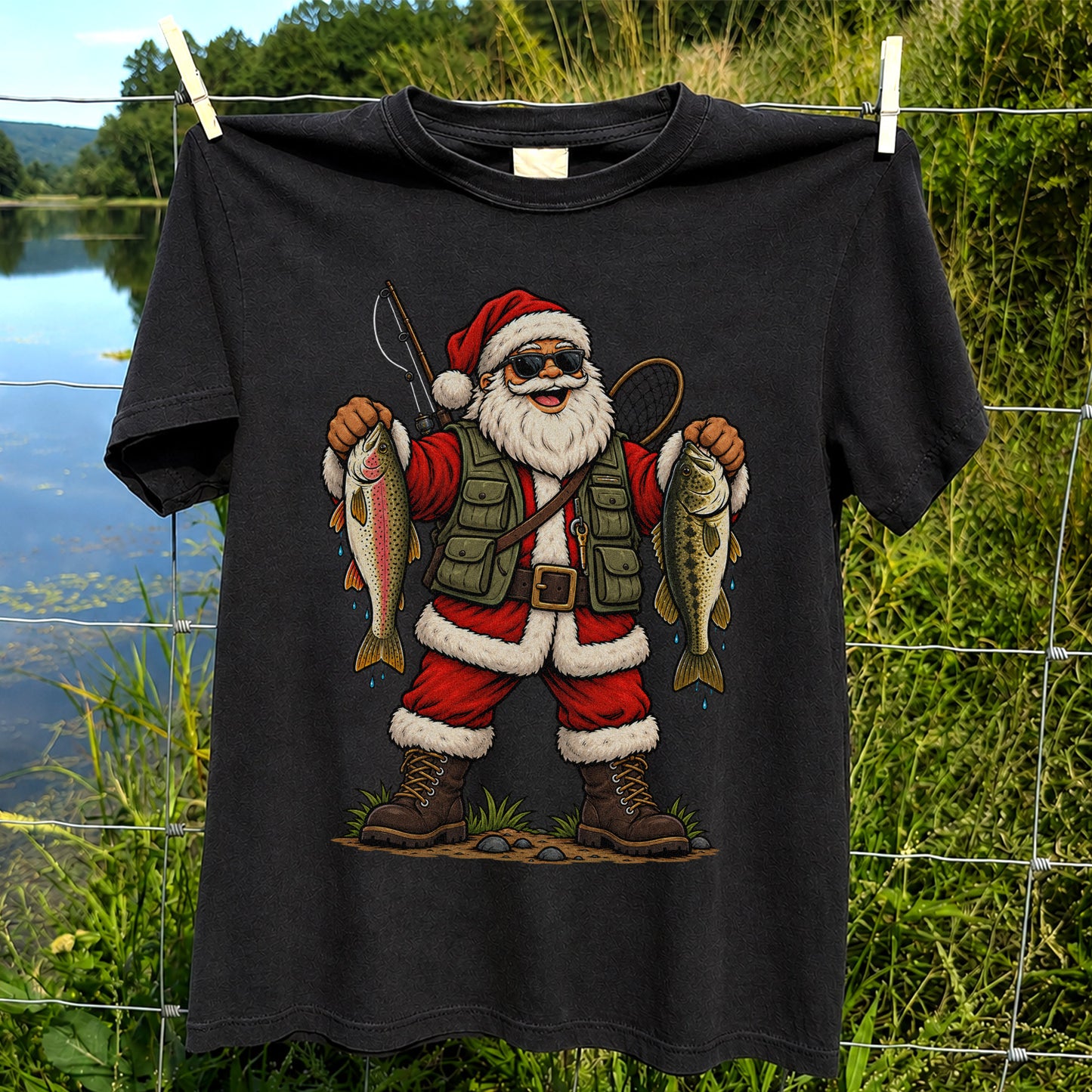 Santa Holding Rainbow Trout and Bass Christmas Fishing Graphic T-Shirt
