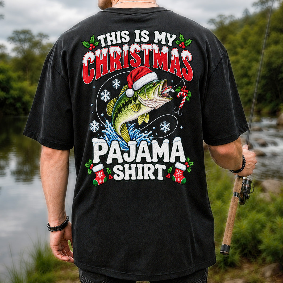 This Is My Christmas Pajama Shirt Bass Fishing T-Shirt | Back Print