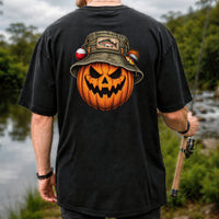 Halloween Pumpkin in a Trout Fishing Hat Graphic T-Shirt | Back Print