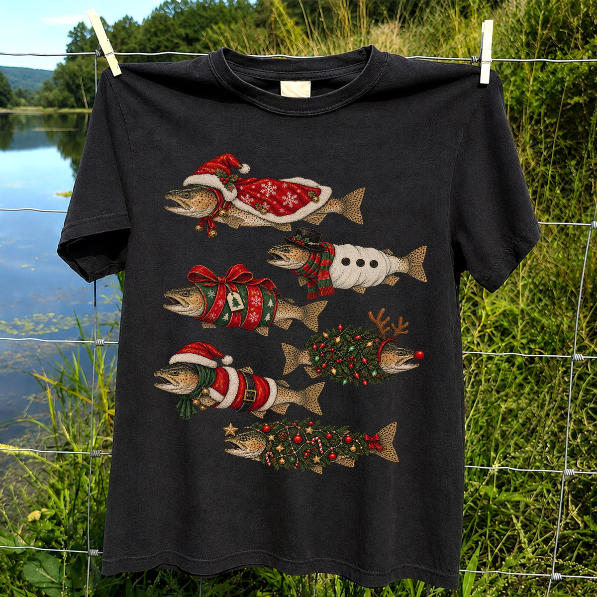 Christmas Trout in Festive Costumes Fishing Graphic T-Shirt