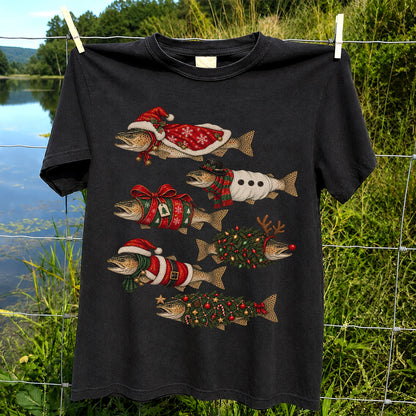 Christmas Trout in Festive Costumes Fishing Graphic T-Shirt