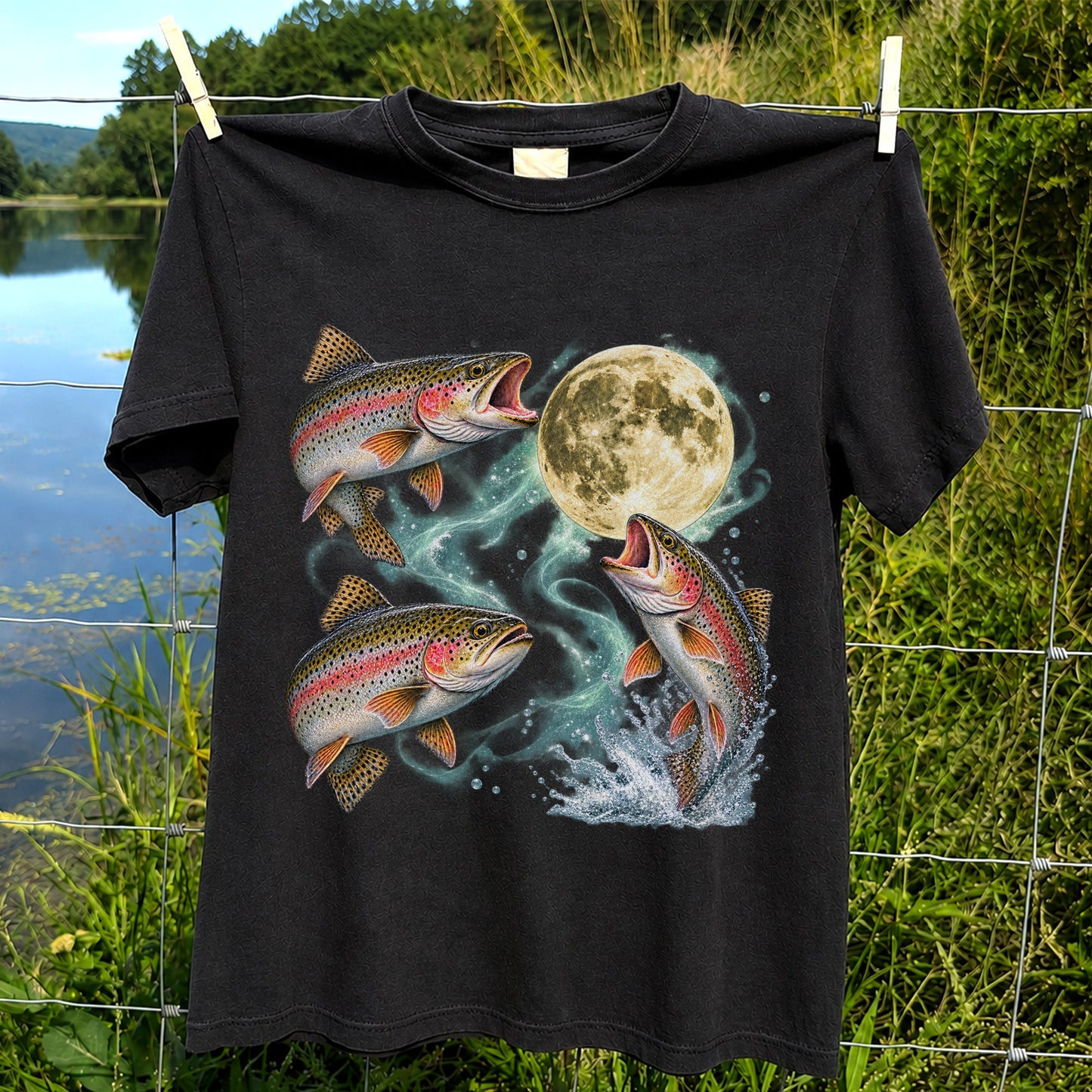 Rainbow Trout Under the Full Moon Fishing Graphic T-Shirt