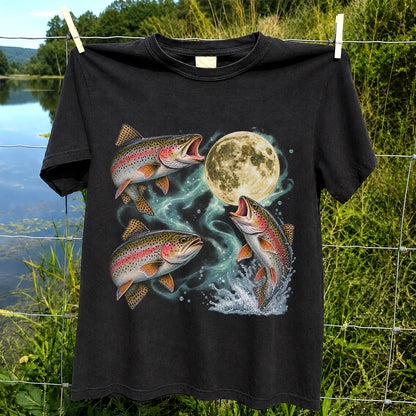 Rainbow Trout Under the Full Moon Fishing Graphic T-Shirt