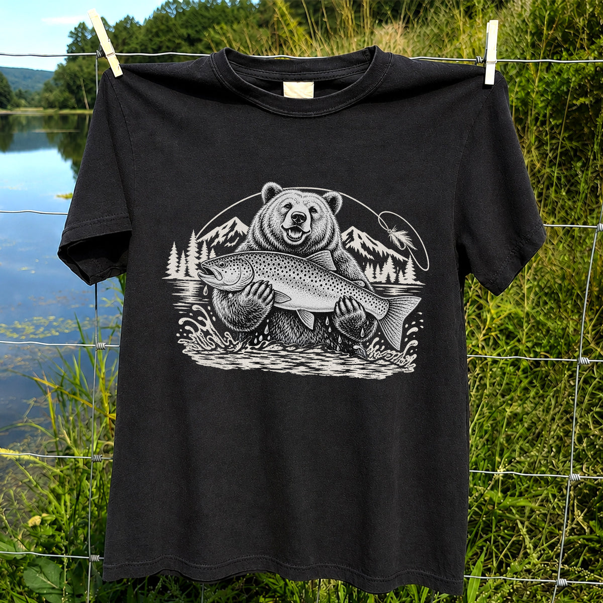Bear Holding Trout in Mountain Lake Fishing Graphic T-Shirt