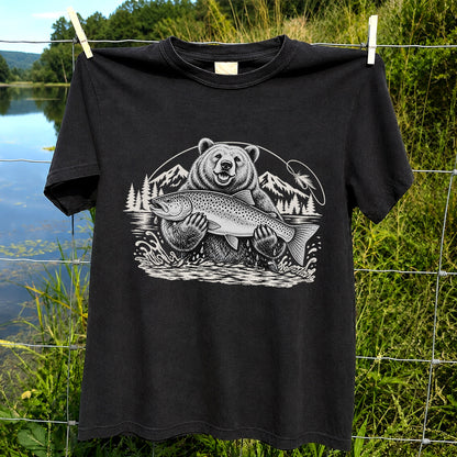 Bear Holding Trout in Mountain Lake Fishing Graphic T-Shirt