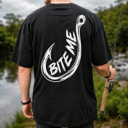 Bite Me Fishing Hook Funny Angler Graphic T-Shirt | Back Print