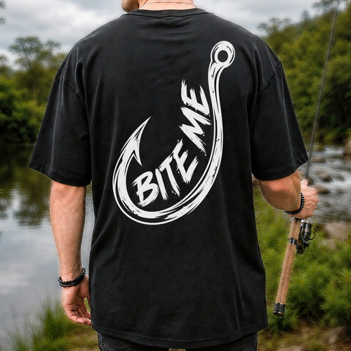 Bite Me Fishing Hook Funny Angler Graphic T-Shirt | Back Print
