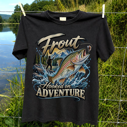 Trout Hooked on Adventure Mountain Fly Fishing T-Shirt