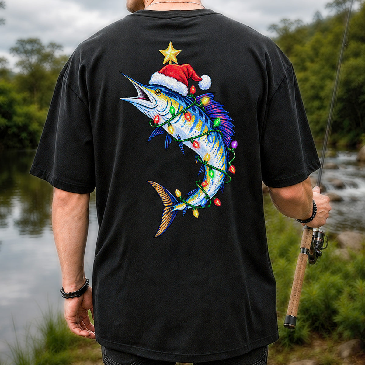 Christmas Marlin Wrapped in Lights Fishing T-Shirt | Back Print