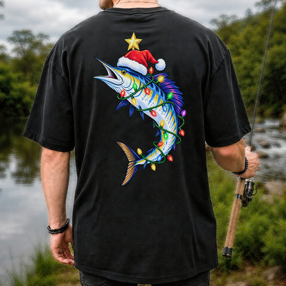 Christmas Marlin Wrapped in Lights Fishing T-Shirt | Back Print