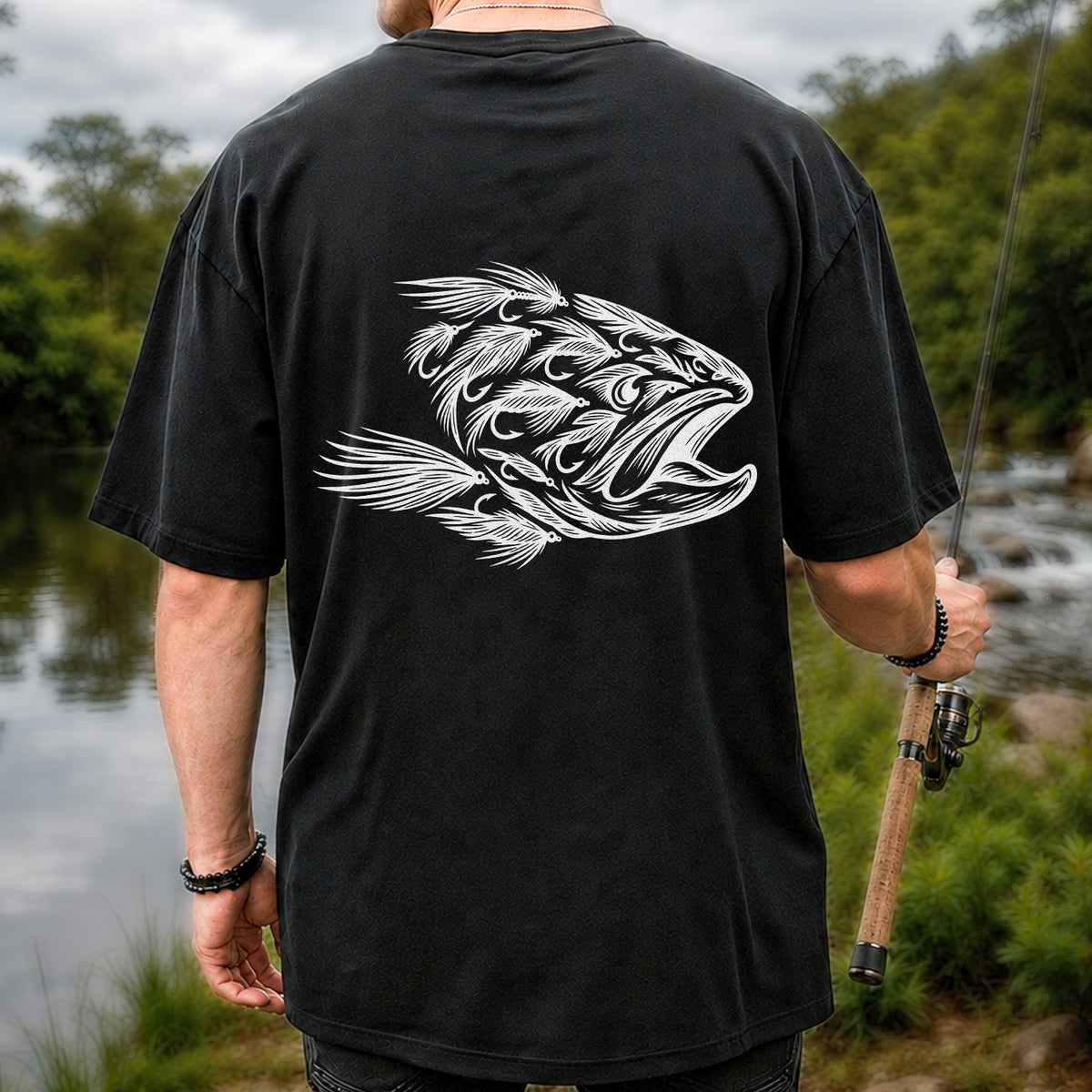 Fly Fishing Fish Design Graphic T-Shirt | Back Print