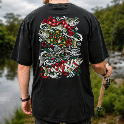 Christmas Trout and Fish Skeleton Holiday Fishing T-Shirt | Back Print