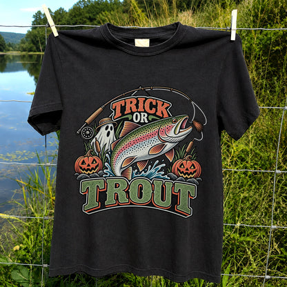 Trick or Trout Rainbow Trout Ghost and Pumpkins Halloween Fishing T-Shirt