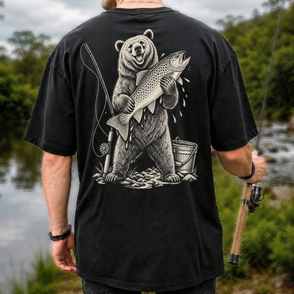 Bear Holding Trout Fishing Graphic T-Shirt | Back Print