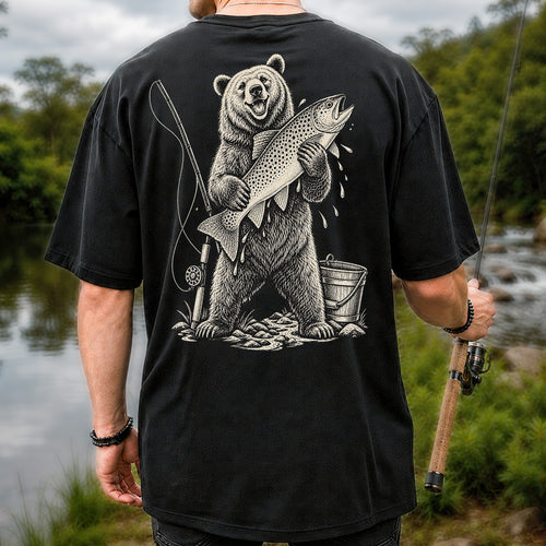 Bear Holding Trout Fishing Graphic T-Shirt | Back Print