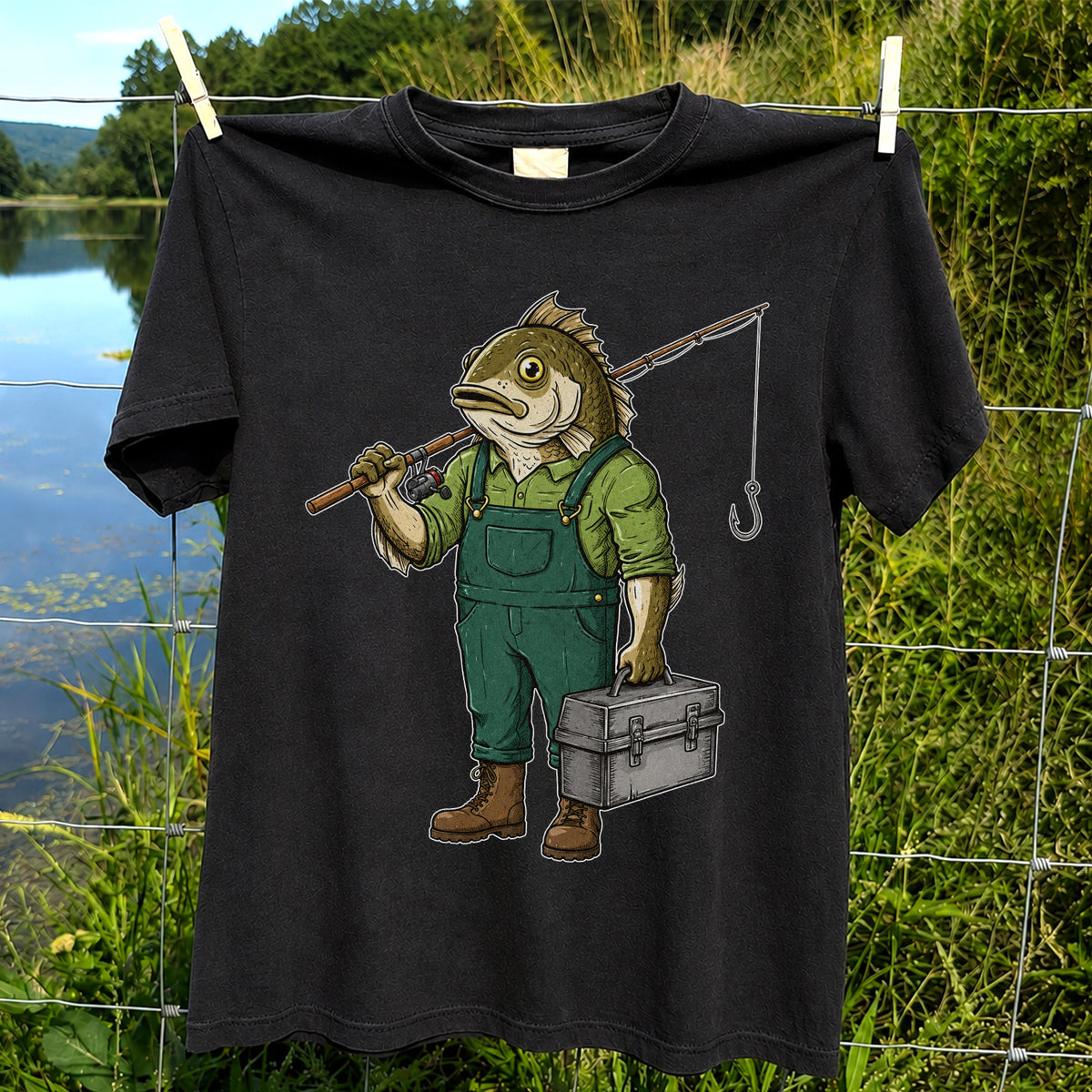 Funny Bass Fisherman Carrying Tackle Box Graphic T-Shirt