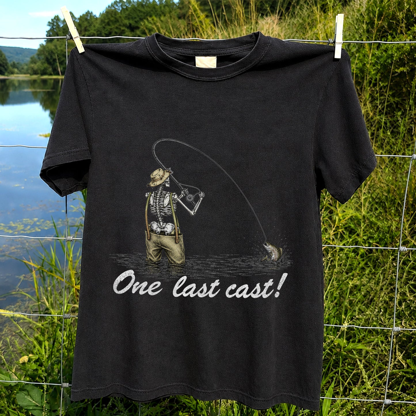 One Last Cast Skeleton Angler Fishing Graphic T-Shirt