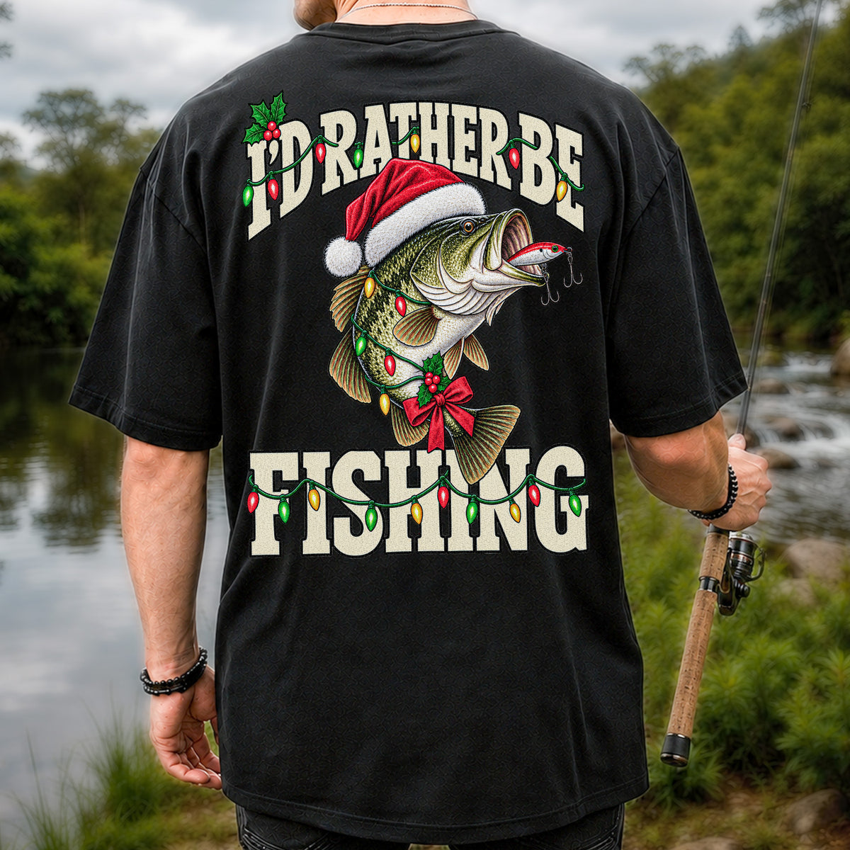 Santa Hat Bass Christmas Fishing Graphic T-Shirt | Back Print
