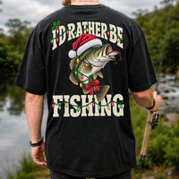 Santa Hat Bass Christmas Fishing Graphic T-Shirt | Back Print