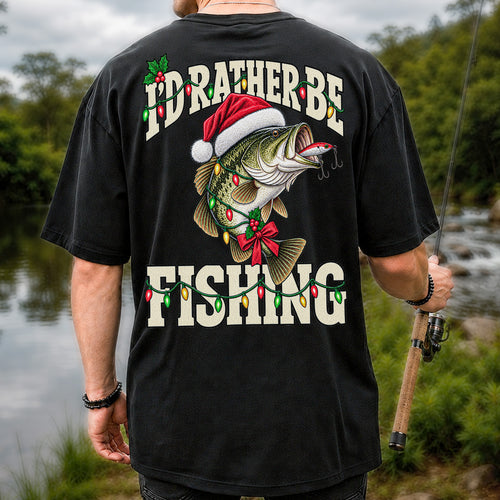 Santa Hat Bass Christmas Fishing Graphic T-Shirt | Back Print