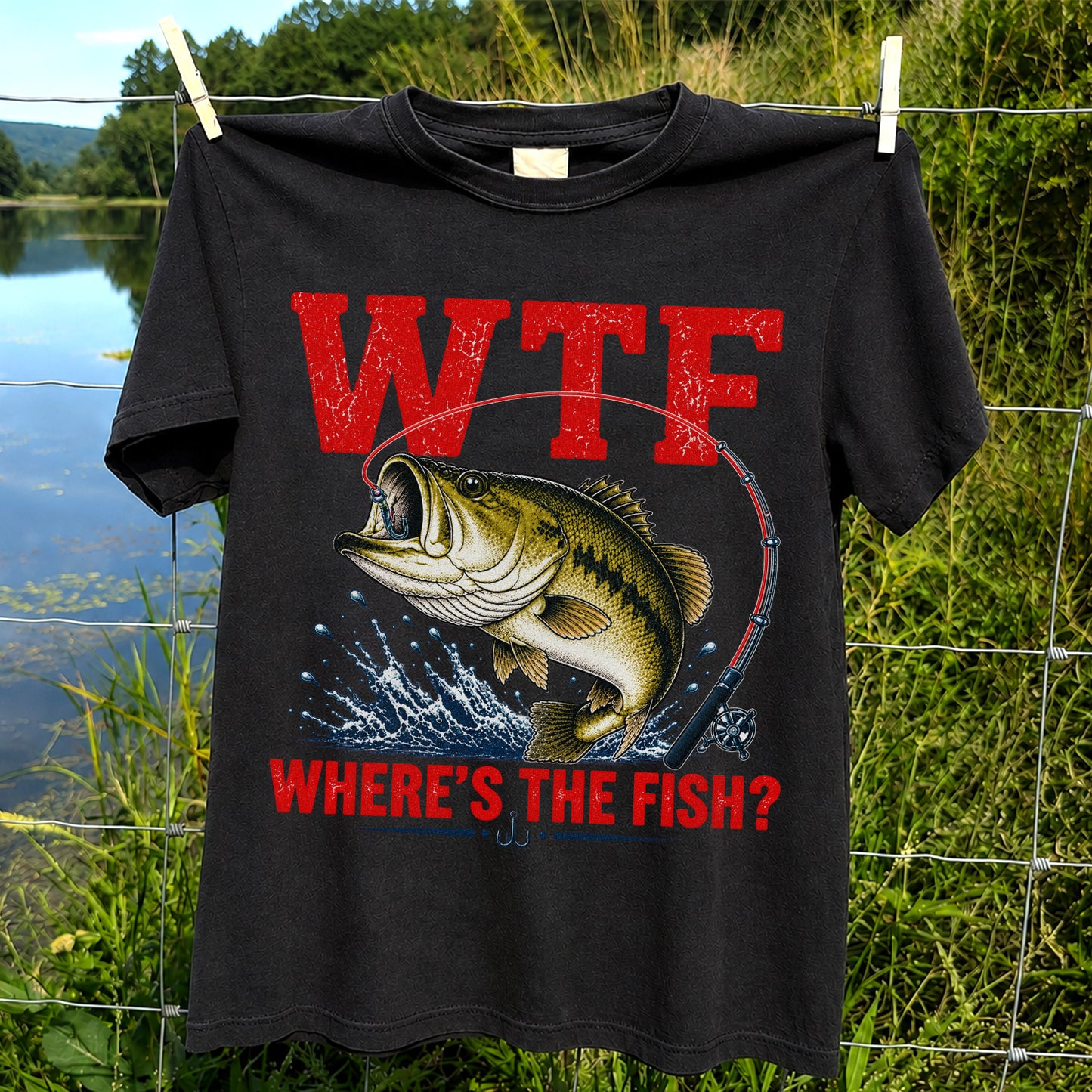 WTF Where's the Fish Largemouth Bass Funny Fishing T-Shirt
