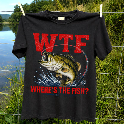 WTF Where's the Fish Largemouth Bass Funny Fishing T-Shirt