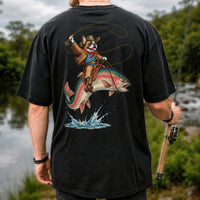 Cowboy French Bulldog Riding a Rainbow Trout Fishing T-Shirt | Back Print