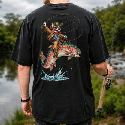 Cowboy French Bulldog Riding a Rainbow Trout Fishing T-Shirt | Back Print