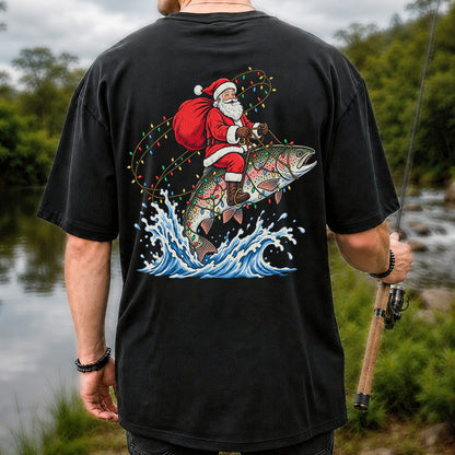 Santa Riding a Christmas-Lighted Rainbow Trout Fishing Graphic T-Shirt | Back Print