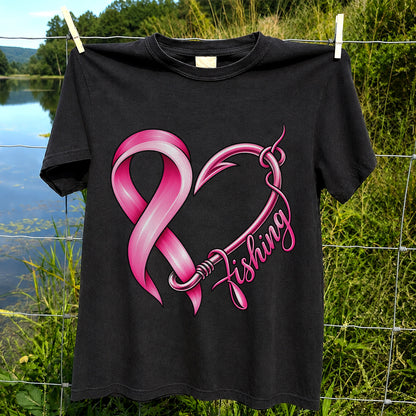 Pink Ribbon Heart Fish Hook Fishing Graphic T-Shirt