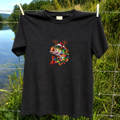 Christmas Bass with Santa Hat, Antlers and Holiday Lights Fishing T-Shirt
