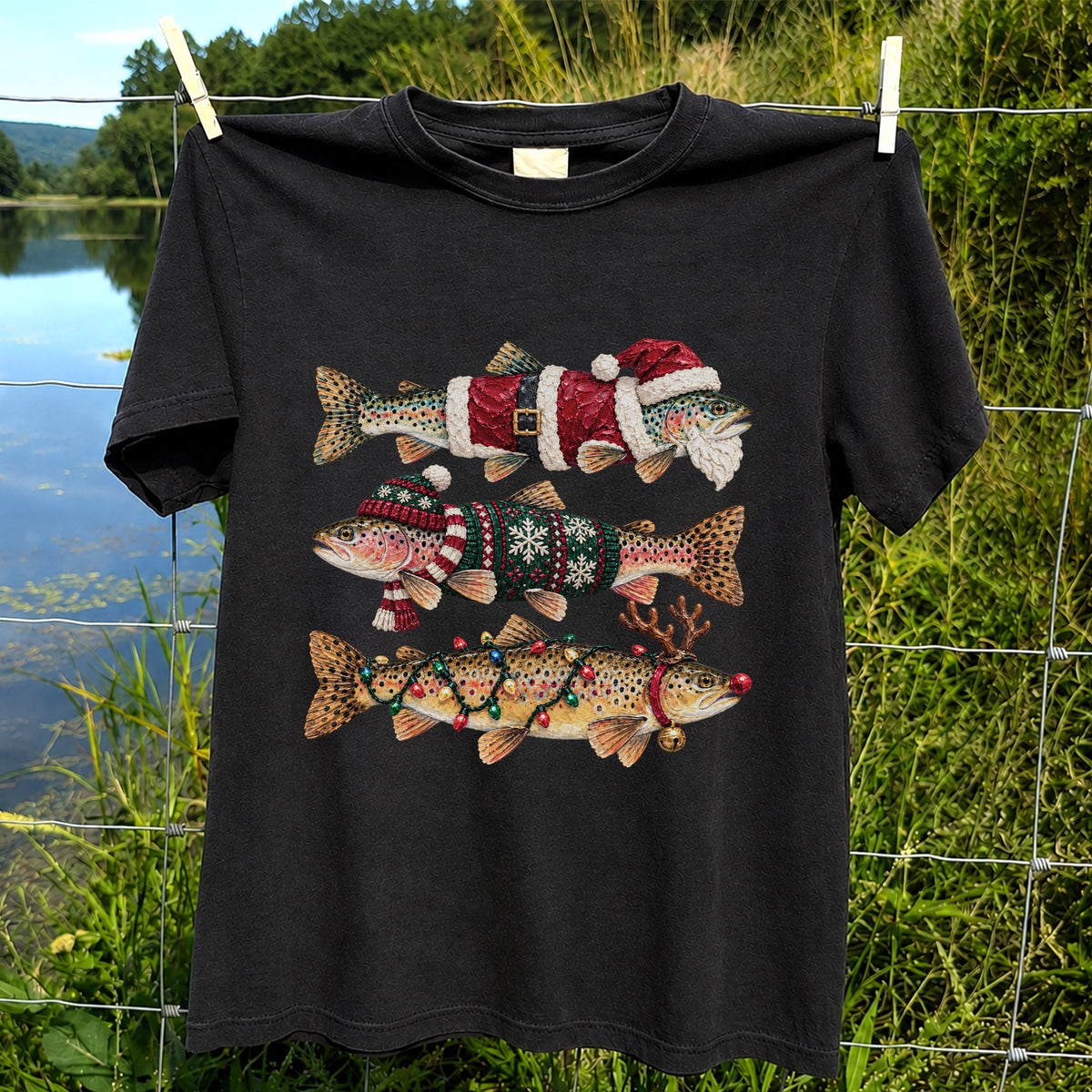 Christmas Trout Fishing Graphic T-Shirt with Festive Fish Artwork