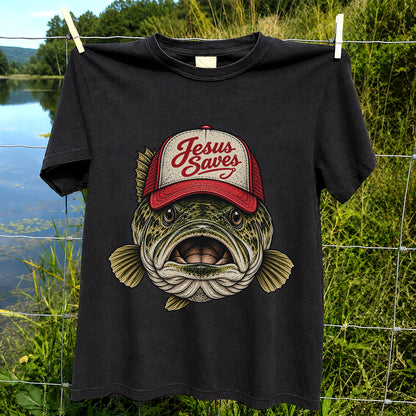 Jesus Saves Largemouth Bass in a Trucker Hat Fishing T-Shirt