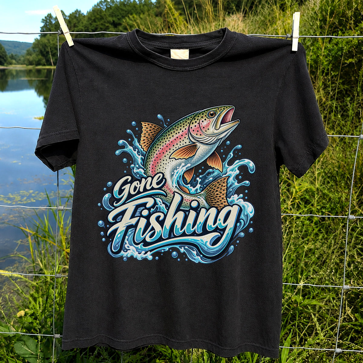 Gone Fishing Jumping Rainbow Trout Splash Graphic T-Shirt