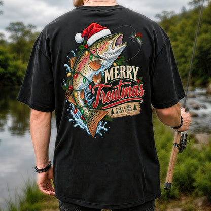 Merry Troutmas Tight Lines Bright Times Santa Hat Rainbow Trout Fishing T-Shirt | Back Print