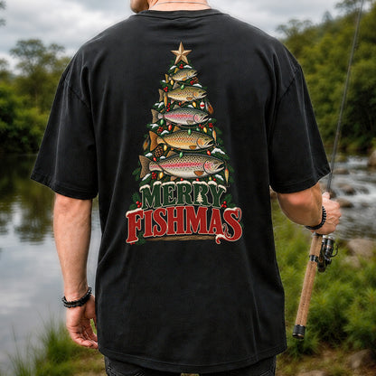 Merry Fishmas Trout Christmas Tree Fishing T-Shirt | Back Print