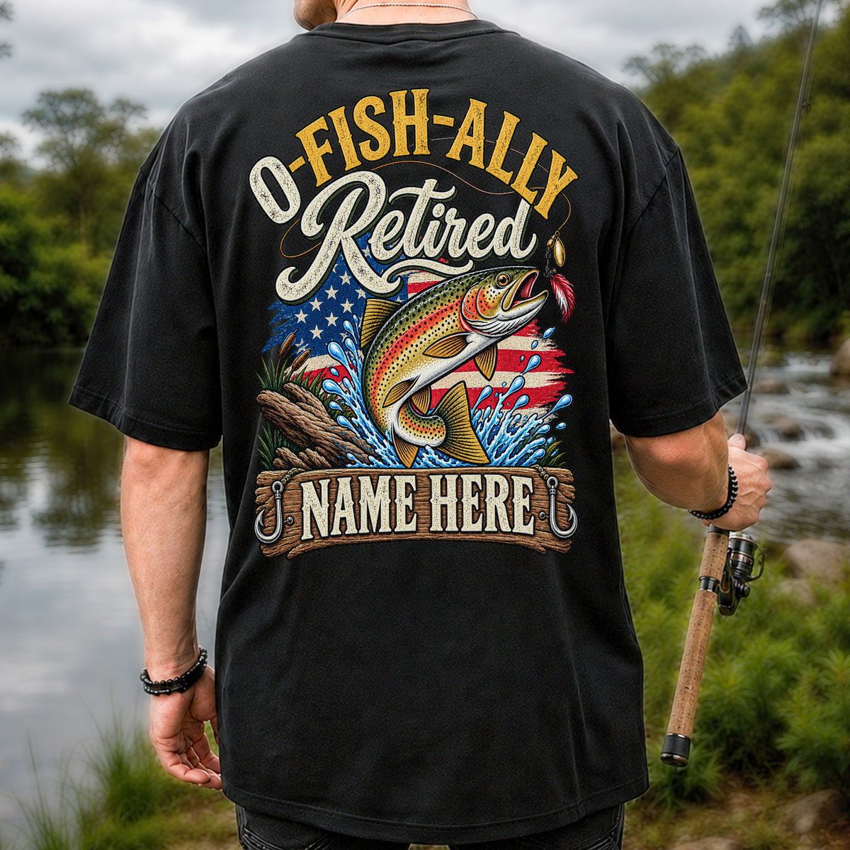 Retired Rainbow Trout American Flag Fishing T-Shirt | Back Print