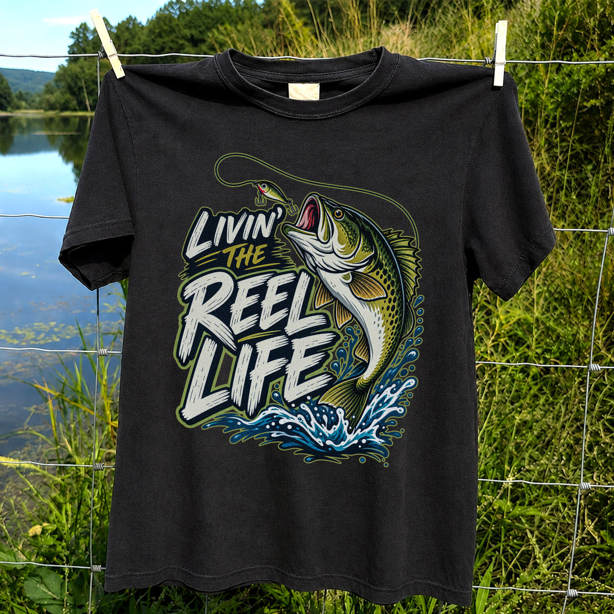 Livin' the Reel Life Jumping Bass Fishing Graphic T-Shirt