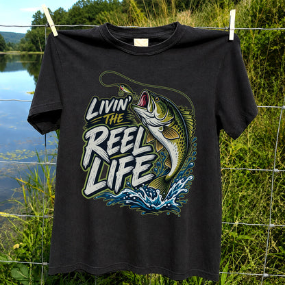 Livin' the Reel Life Jumping Bass Fishing Graphic T-Shirt
