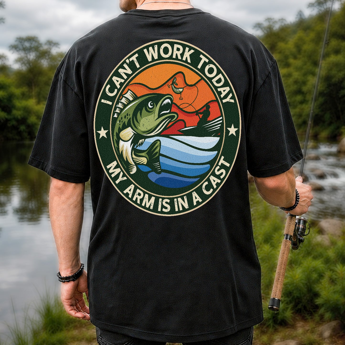 I Can't Work Today My Arm Is in a Cast Funny Bass Fishing T-Shirt | Back Print